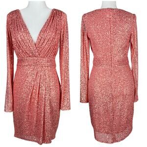 Mac Duggal NWT Coral Pink Long Sleeve Sequin Mini Dress Size 2 *Sample Dress*